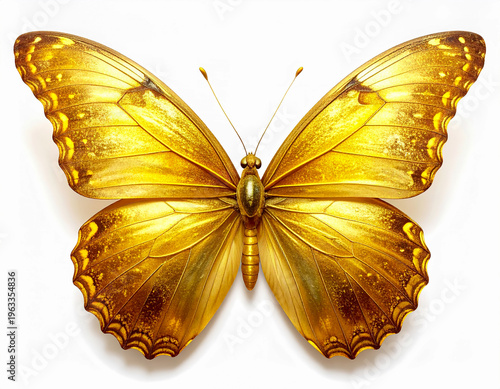 Beautiful golden butterfly, detailed wings, isolated on white background, clipart illustration