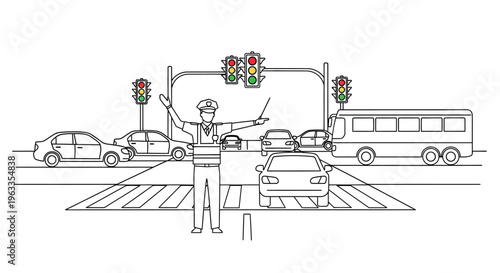 Line art illustration of police officer directing traffic with cars and bus at a busy intersection with Traffic Control with Traffic Light with Directional Signal with Public Safety with Traffic Direc