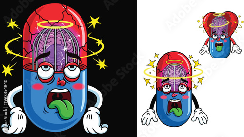 Surreal cartoon pill character with brain in cage, dizzy medicine capsule mascot with stars and halo, psychedelic drug addiction concept vector