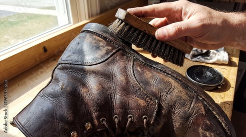 Close-up of a Hand Polishing a Worn Brown Leather Boot with a Horsehair Brush on a Wooden Workbench in Bright Natural Light