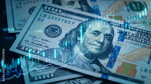 Obraz na płótnie Stack of us one hundred dollar bills with financial graphs and charts overlay re