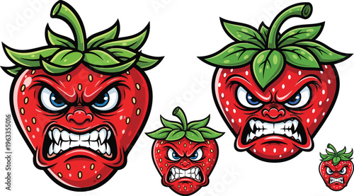 Angry strawberry mascot vector set, fierce fruit character with aggressive expression, red berry monster illustrations for sports logos