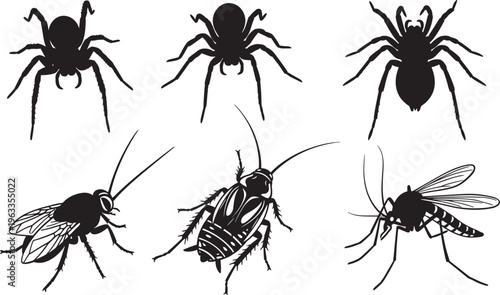 Set of insect and pest silhouettes including spiders cockroach fly and mosquito icons for pest control services, cad drawing flat vector illustration.