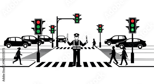Police officer directing traffic at a busy pedestrian crossing with cars and traffic signals, clear vector illustration of urban life, Traffic Light