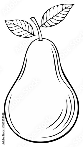 Outline illustration of a ripe pear with stem and leaves, a simple and clean design