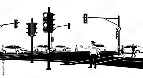 Police officer directing traffic at a busy intersection with cars and traffic lights in a black and white vector illustration with Traffic Control with Law Enforcement with Traffic Signal