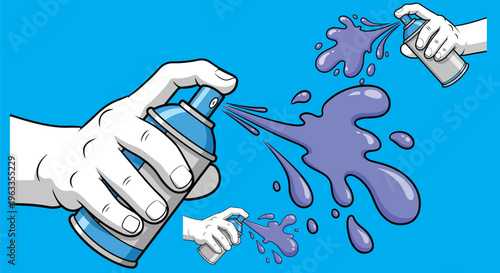 Graffiti spray paint can vector illustration, hand holding aerosol bottle with purple paint splash, street art culture graphic on blue background