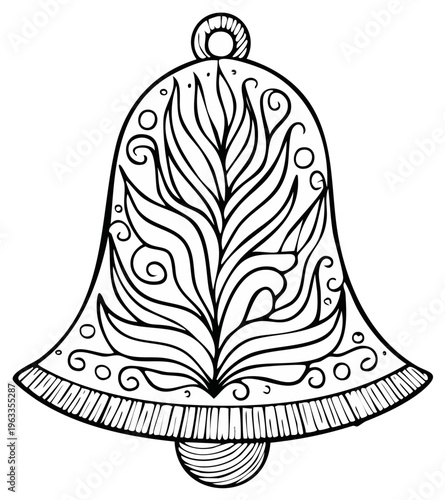 Elegant outline illustration of a stylized bell with decorative patterns and floral design.