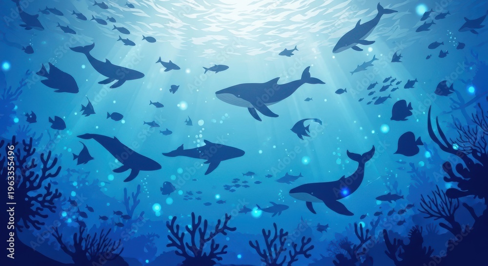 Obraz premium An underwater scene with various marine animals swimming in the ocean