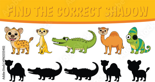 Find shadows of cute African animals printable worksheet, kids logical matching game for preschool learning and educational activity
