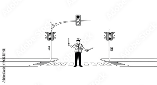 Line art illustration of a police officer guiding traffic at a pedestrian crossing with traffic lights with Black And White with Traffic Control with Law Enforcement with Public Service