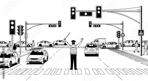 Busy city intersection with a police officer directing traffic amidst cars, vans, and pedestrians, Traffic Control, Black And White, Law Enforcement, Traffic Lights, Line Art, Flat Design, Road Safety