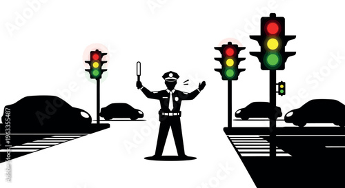 Traffic cop directs cars at intersection with multiple traffic lights, illustrating urban traffic control and safety in a graphic, silhouette style, Police Officer, Traffic Light, Law Enforcement