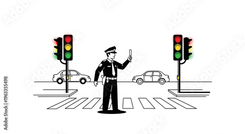 Line art illustration of a police officer directing traffic at a pedestrian crossing with cars and traffic signals, featuring a clean, monochrome style, Traffic Control, Traffic Light, Black And White