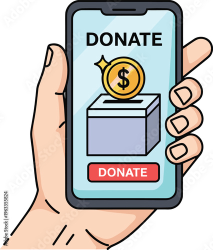 Vector illustration of smartphone screen showing donation box with coin and dollar symbol, labeled donate with red button for online charity.