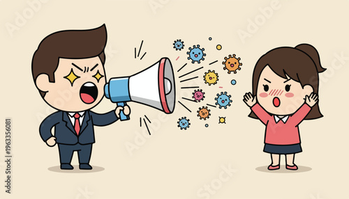 Cartoon illustration of a stressed businessman yelling through a megaphone at a shocked businesswoman with colorful speech bubbles, on a beige background with a comedic and tense mood.
