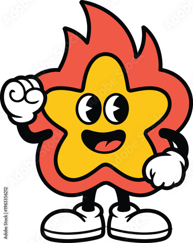 Cartoon star character with flame and smiling face wearing shoes