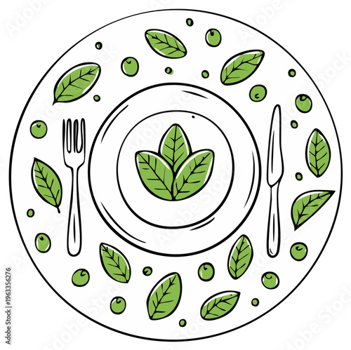 Fresh greens adorn a round plate for a healthy dining concept minimal line art vector illustration of a place setting with a fork and knife.