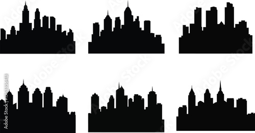 Collection of six modern city skyline silhouettes, black vector icons of metropolitan horizons and urban panoramas isolated on white.