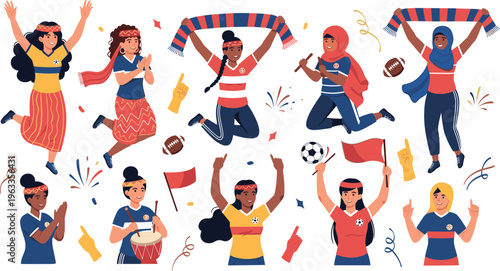 Diverse Football Fans Celebration Set with Cheerful Supporters Waving Scarves, Jumping, Chanting, and Holding Drinks in Stadium Party Atmosphere Illustration