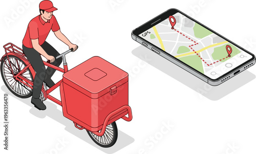 Delivery Person on Bicycle with Tracking App on Phone.eps,Delivery Person on Bicycle with Tracking App on Phone