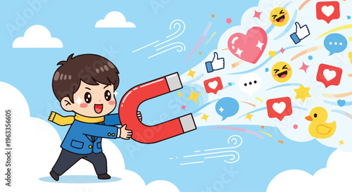 A cartoon boy holding a large magnet attracting various social media icons against a blue sky with clouds.