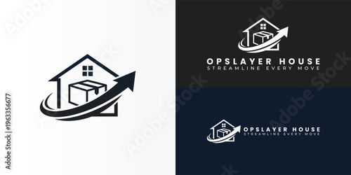 The modern SaaS logo features a house and a box with a forward arrow, symbolising movement and growth in operations. The clean lines reflect streamlined workflows and scalable business solutions.