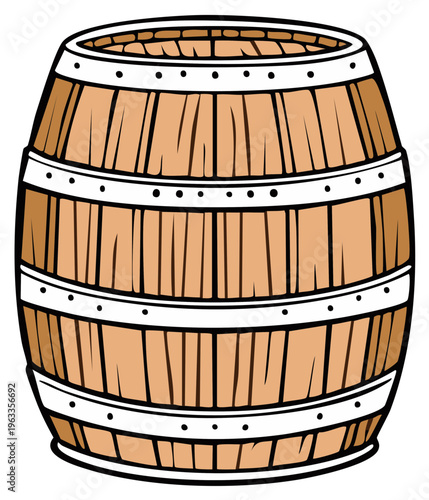 Wooden barrel with metal bands illustration for storage and liquid container