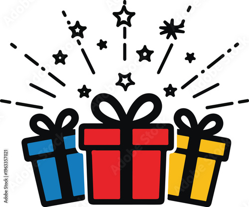Three colorful gift boxes with festive fireworks.eps,Three colorful gift boxes with festive fireworks