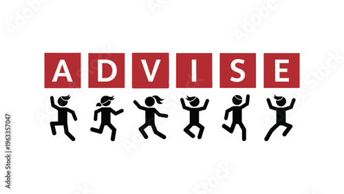a diverse group of stick figure people collaborating to spell the word advise symbolizing teamwork communication and guidance.