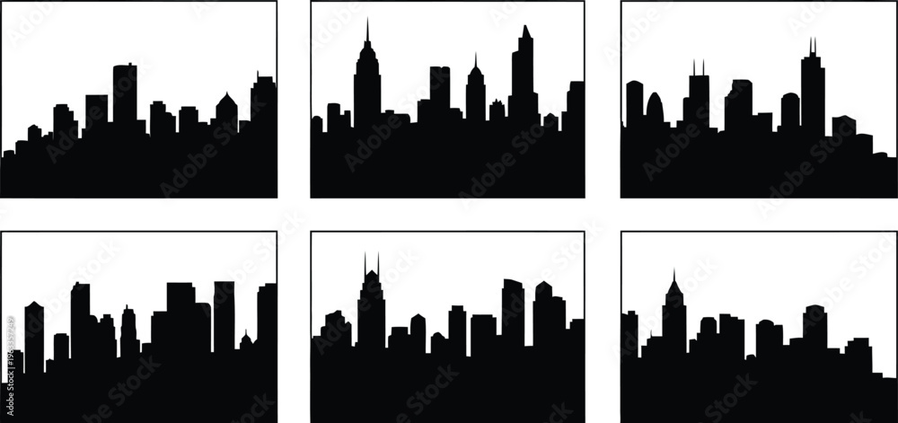 Obraz premium Collection of six modern city skyline silhouettes, black vector illustrations of diverse metropolitan cityscapes isolated on white.