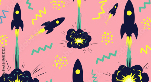 rocket spaceship launch explosion cartoon design featuring playful retro style spacecraft taking off on a vibrant pink background.