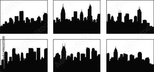 Collection of six modern city skyline silhouettes, black vector illustrations of diverse metropolitan cityscapes isolated on white.