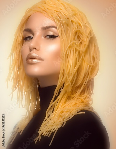 Surreal High Fashion Portrait of Elegant Woman with Flowing Sculptural Cooked Spaghetti Hair Representing Creative Avant Garde Beauty Food as Art and Whimsical Maximalist Style