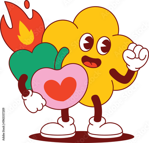 Cartoon cloud character holding heart shaped apple and flame  cheerful emoticon