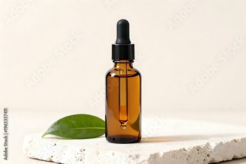 Essential oil bottle with pipette on travertine surface, clean aesthetic composition for cosmetic brand.