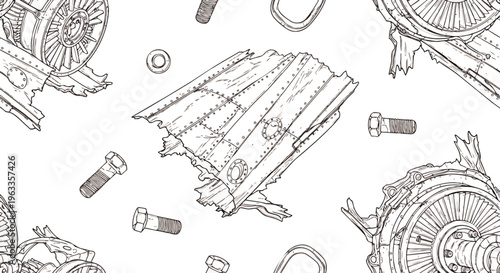 aircraft wreckage and broken engine parts scattered in a detailed industrial line drawing seamless pattern ideal for technical design or accident concepts