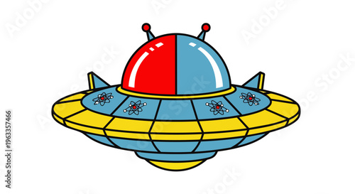 a retro cartoon ufo flying saucer illustration with atomic symbols perfect for science fiction and space-themed vintage design projects