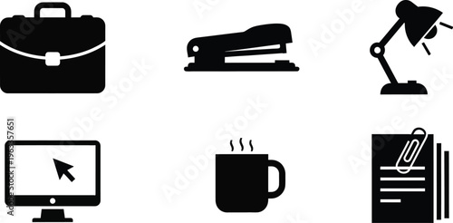 Collection of six modern office and business icons, black vector symbols of computer, briefcase, desk lamp, and stationery isolated on white.