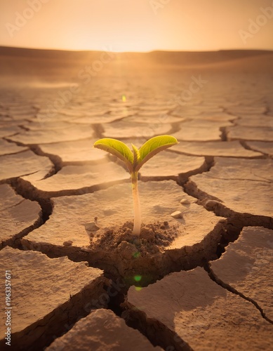 Resilient Green Sprout Growing from Parched Cracked Desert Soil Surface with Cinematic Lighting Representing Hope Survival Climate Change and Environmental Perseverance Concept