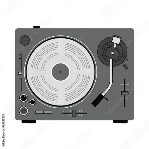 Flat illustration of a gray turntable with a vinyl record and tonearm