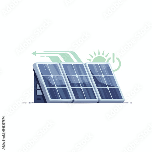 Solar panels capture sun's energy, indicated by arrows and power symbol