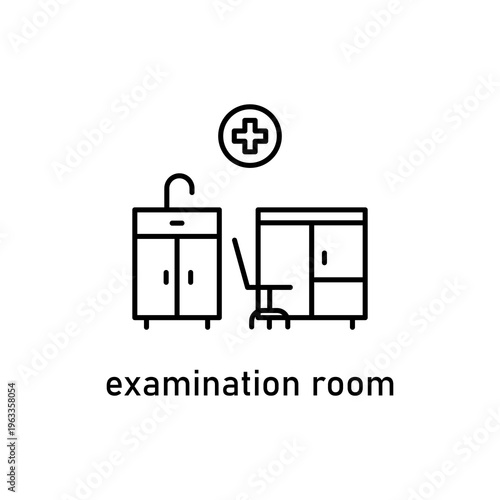 Minimalist examination room icon featuring medical cabinets, examination chair, and medical cross symbol. Simple black outline line art vector illustration on white background, representing healthcare