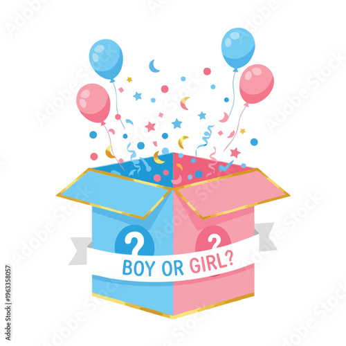 Open box revealing balloons, confetti, and question marks; pink and blue