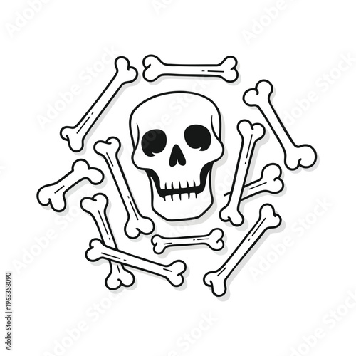 A stylized skull surrounded by scattered cartoon bones on a white background