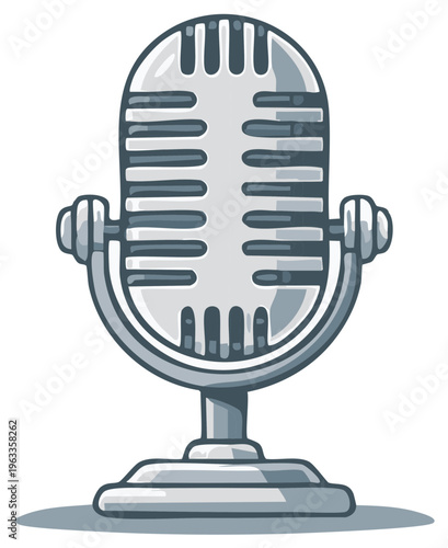 Cartoon illustration of a vintage silver microphone, recording studio equipment