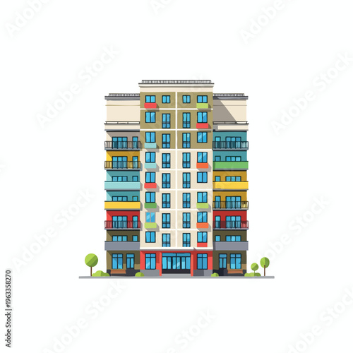Modern apartment building with colorful balconies and windows, set against white background