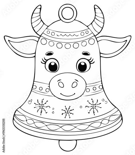 Cute Cartoon Cow Bell Coloring Page with Festive Winter Snowflakes and Patterns