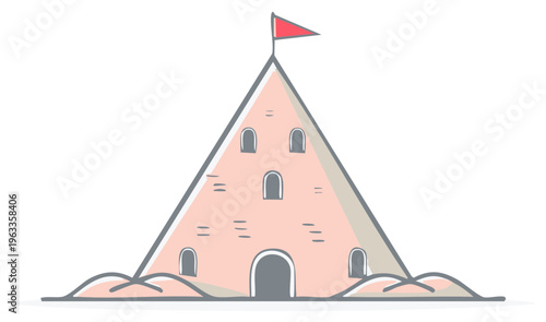 Stylized pyramid-shaped building with windows and a red flag on a peak, set against a white background.