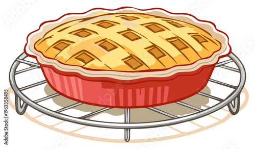 Freshly baked dessert pie with golden lattice crust in a red dish on a cooling rack illustration